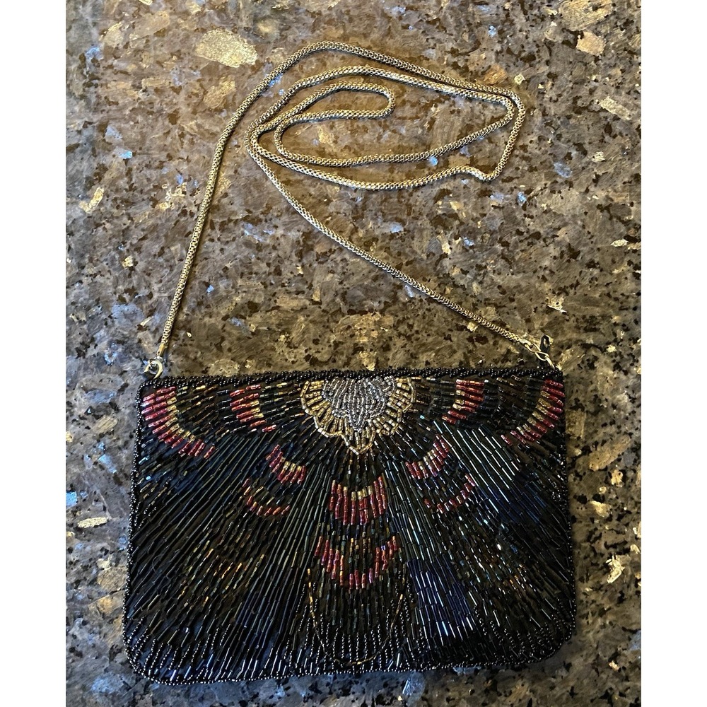 La Regale STUNNING & unique Beaded Shoulder EVENING BAG Gold CHAIN